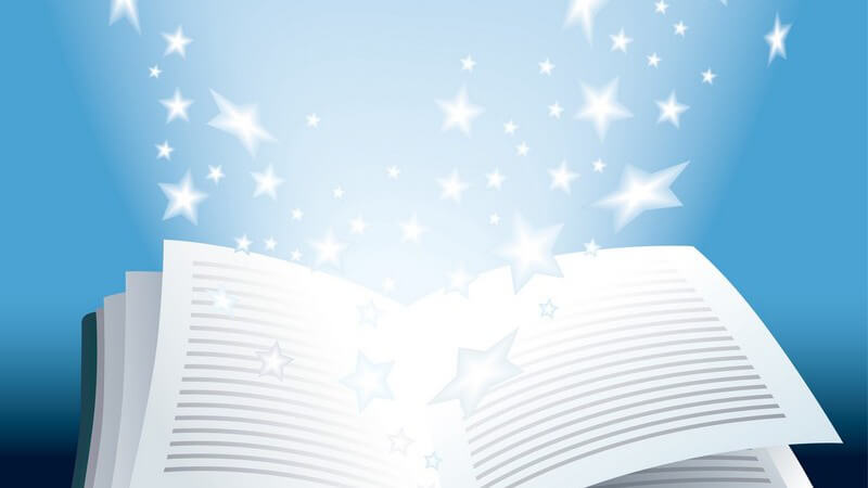 Grafik geöffnetes Buch, aus dem weiße Sterne fliegen