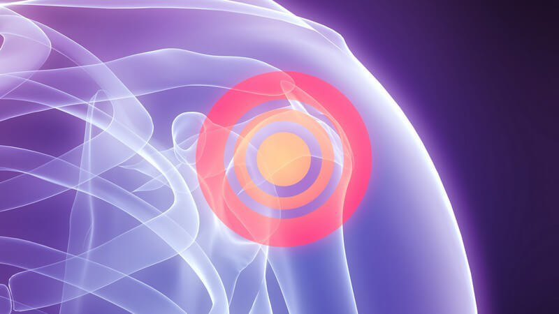 3D Ansicht menschlicher Körper, Schultergelenk mit rotem Kreis markiert