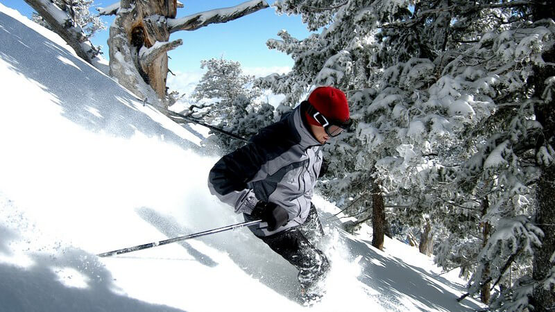 Junger Skifahrer fährt Hang im Wald hinunter