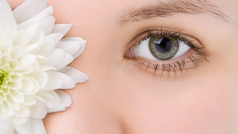 Gesicht einer jungen Frau mit weißer Chrysantheme vor dem rechten Auge