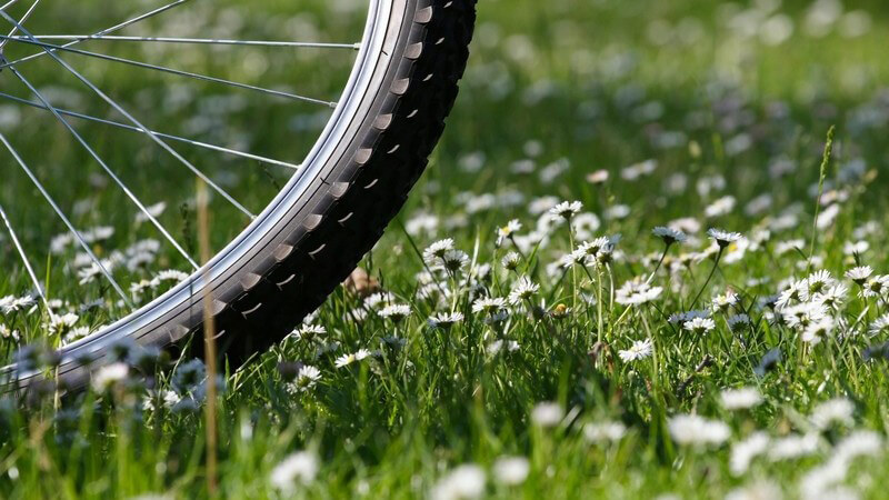 Nahaufnahme Stück eines Fahrradreifens auf Blumenwiese