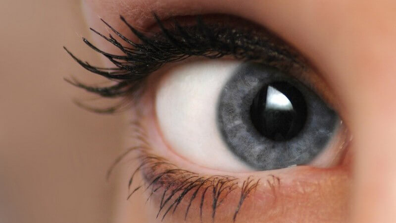 Nahaufnahme rechtes Auge einer Frau, blaue Augenfarbe, mit Mascara geschminkt