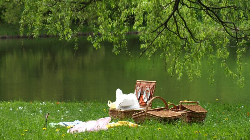 Picknickdecke mit Körben auf Wiese an See