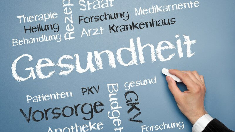 Gesundheit, Vorsorge, Behandlung: Männerhand schreibt mit Kreide Begriffe auf Tafel