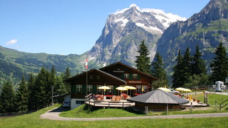Berghotel vor Tannenwald und Gebirge bei blauem Himmel und grüner Wiese