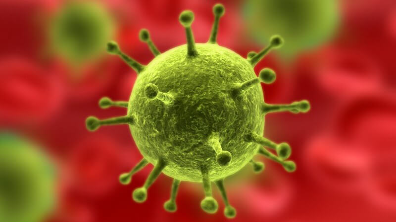 Nahaufnahme Grafik grüner Viruskörper im Blut