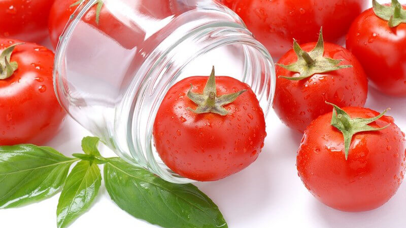 Frisch gewaschene Tomaten, Glas, Basilikum