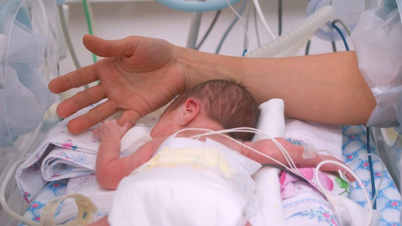 Neugeborenes liegt auf dem Bauch im Inkubator und hält Finger des Arztes