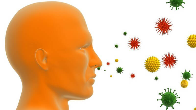 Grafik Seitenansicht menschlicher Kopf, vor ihm fliegen bunte Kugeln - Pollenallergie