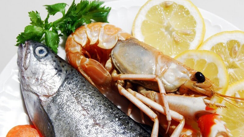 Nahaufnahme weißer Teller mit Meeresfrüchten: Garnele und Fisch an Zitronenscheiben und Petersilie