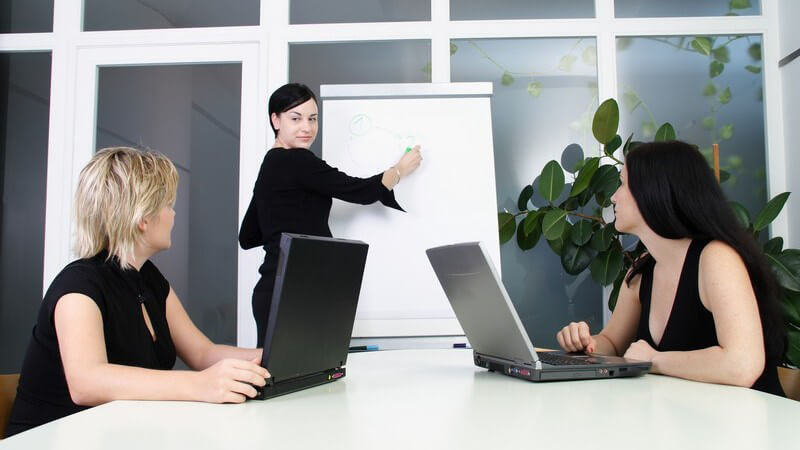 Zwei schwarz gekleidete Frauen in Büro arbeiten am Laptop im Besprechungsraum, eine arbeitet an der Flipchart