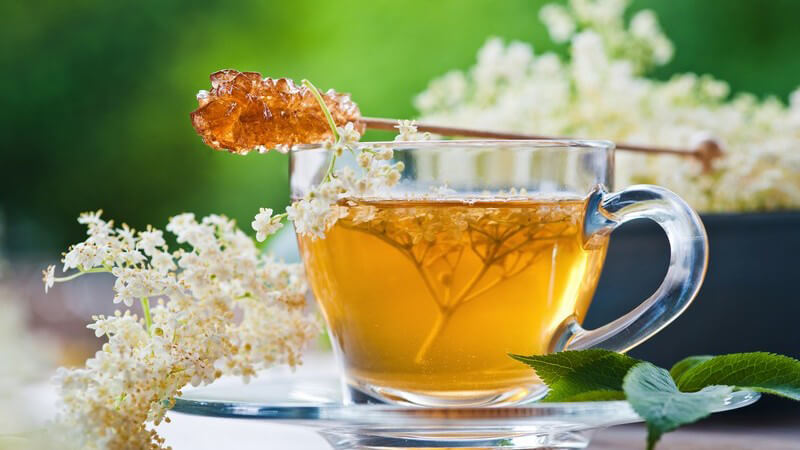 Tee aus Holunderblüten in Tasse, darauf Kandiszucker am Stab