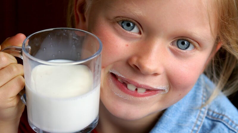Kleines Mädchen mit Milchbart hält Glas mit Milch in Kamera