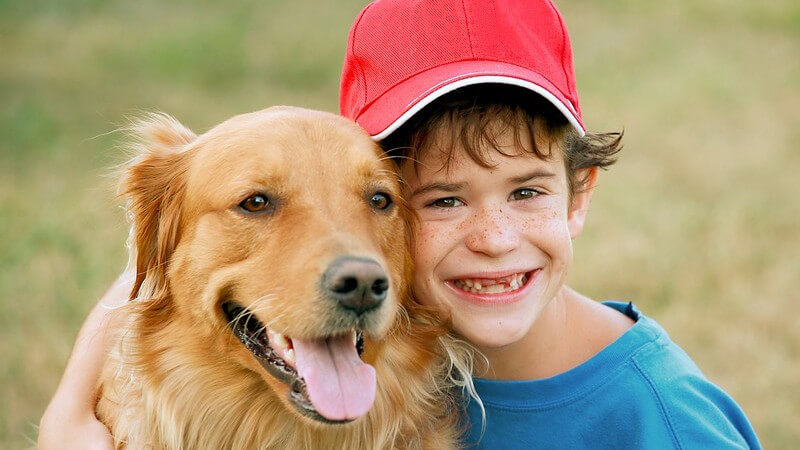 Junge umarmt seinen Hund, Golden Retriever