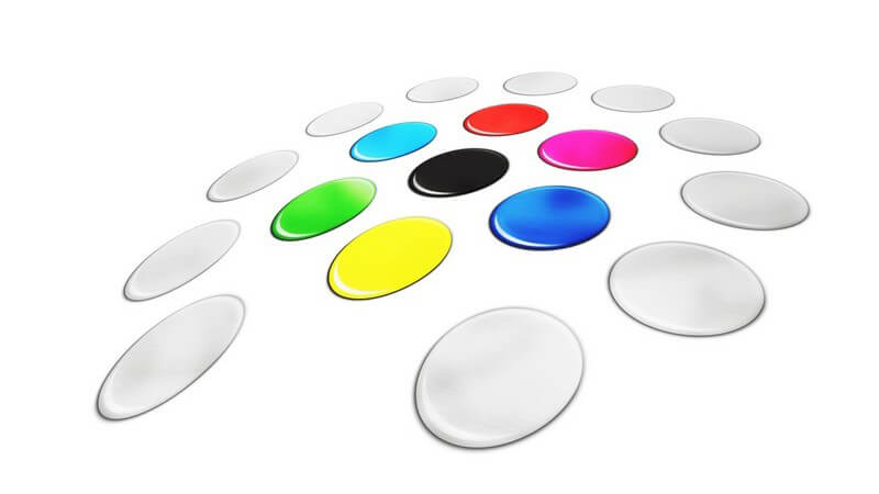 Farben Farbpalette Farbspektrum Farbkreis mit gelben, grünen, schwarzen, pinken, roten, türkisen, ultramarinen Kreisen