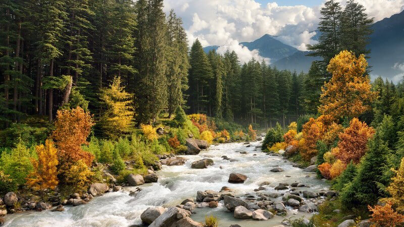 Blick auf einen reißenden Fluss oder Bach inmitten einer Berglandschaft im Herbst