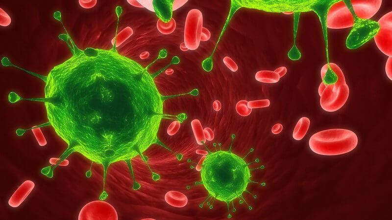 3D Grafik Blutbahn mit Blutzellen und grünen Viren