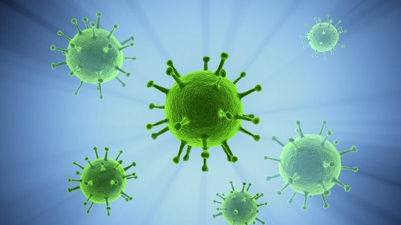 3D Grafik grüne Viren auf beleuchtetem blauen Hintergrund