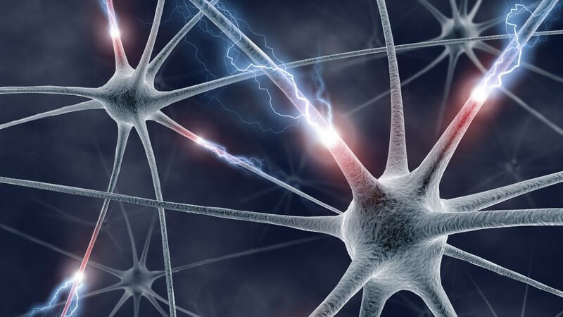 3D Grafik Neuronen, die mit einander verbunden sind und an Verbindungsstellen leuchten