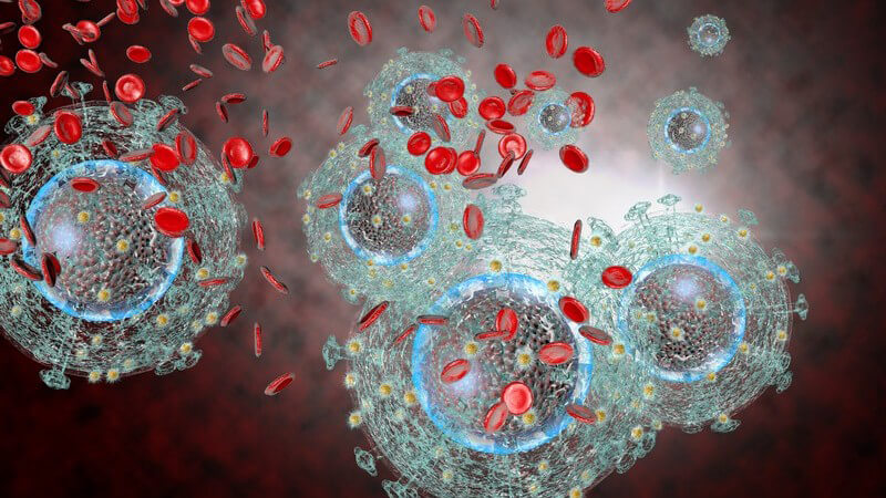 3-D-Grafik großer hellblauer HI-Viren umgeben von roten Blutkörperchen