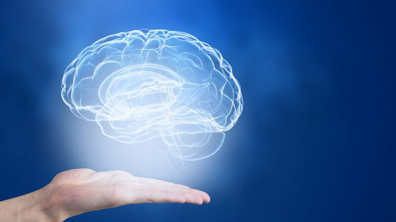 3-D-Gehirn schwebt leuchtend über einer flachen Handfläche vor blauem Hintergrund
