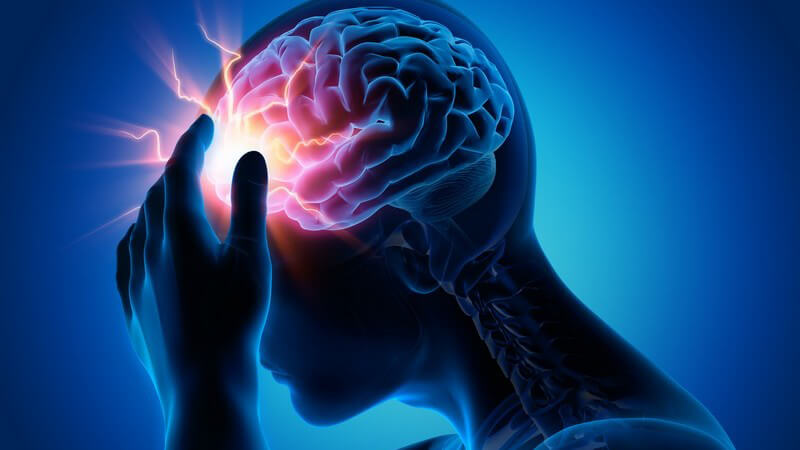 Grafik eines Migräneanfalls, der Vorderkopf gelb-rot leuchtend hervorgehoben, fasst sich an den Kopf