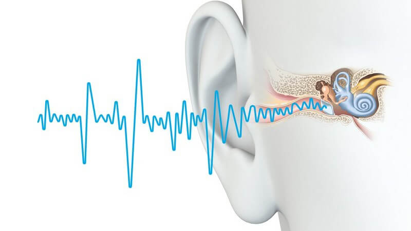 Grafik des menschlichen Gehörs und Hörens, blaue Schallwellen führen ins Ohr