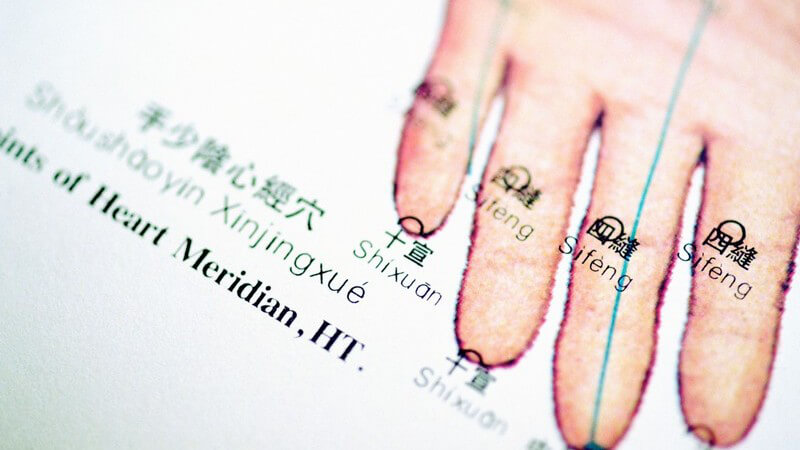 Auf Papier gezeichnete Hand mit Meridianpunkten für Akupunktur