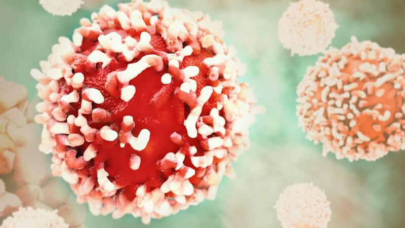 3-D-Grafik einer roten Krebszelle, im Hintergrund schweben weitere Krebszellen