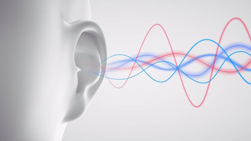 Grafische Darstellung des Hörens, blaue und rote Wellen gehen ins Ohr eines grauen Modellkopfes
