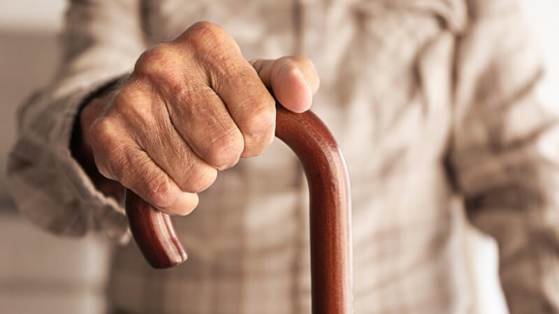 Hand eines alten Mannes in beige-braunem Karohemd hält einen hölzernen braunen Gehstock