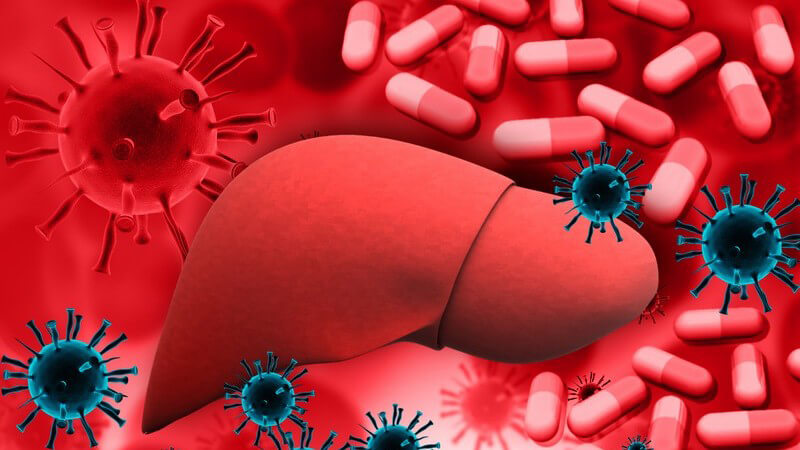 Rote Collage aus einer infizierten Leber, Hepatitis-Viren und Pillen (Kapseln)