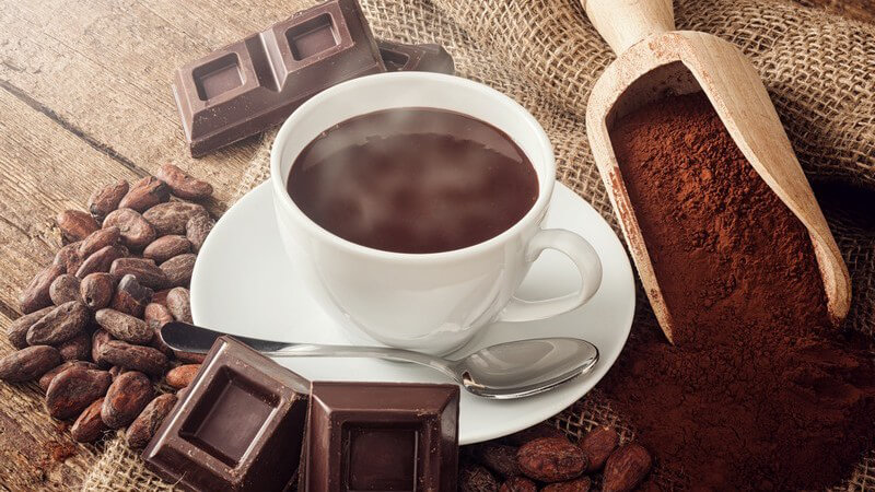 Tasse Kakao mit Untertasse und Löffel, umgeben von Kakaobohnen, -pulver und Schokolade