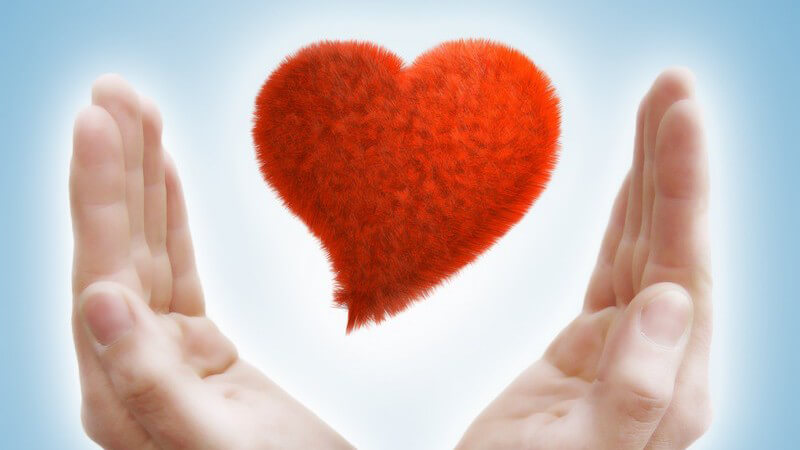 Liebe - Ein rotes Herz schwebt zwischen zwei Händen