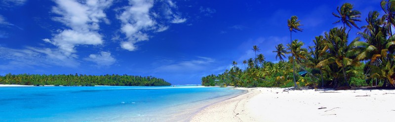 Panorama von Lagune mit Palmen, weißem Strand und azurblauem Meer