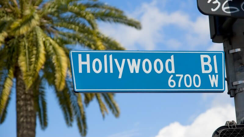 Straßenschild Hollywood Boulevard, im Hintergrund Palme
