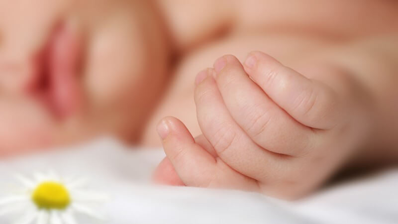 Baby liegt neben einem Gänseblümchen und streckt die Hand raus