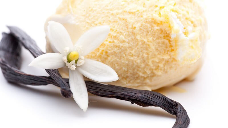 Nahaufnahme Vanilleeis mit Vanilleschote und Blüte