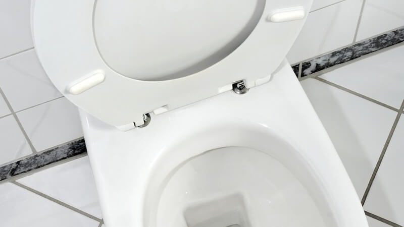 Ansicht von oben: Toilettenschüssel mit hochgeklapptem Sitz und Deckel