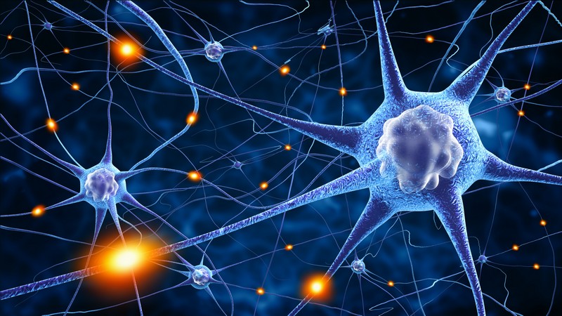 Blaue 3-D-Grafik von Nervenzellen, die blitzartig Signale untereinander austauschen