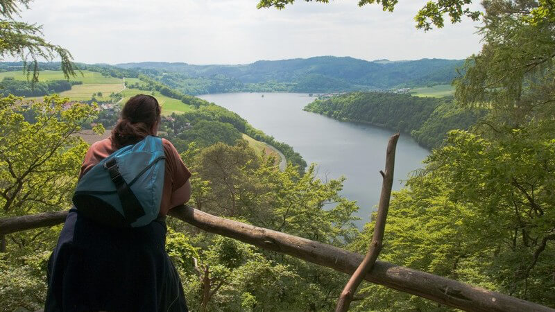 Rückenansicht Frau mit Rucksack genießt die Aussicht, Fluss und Wälder