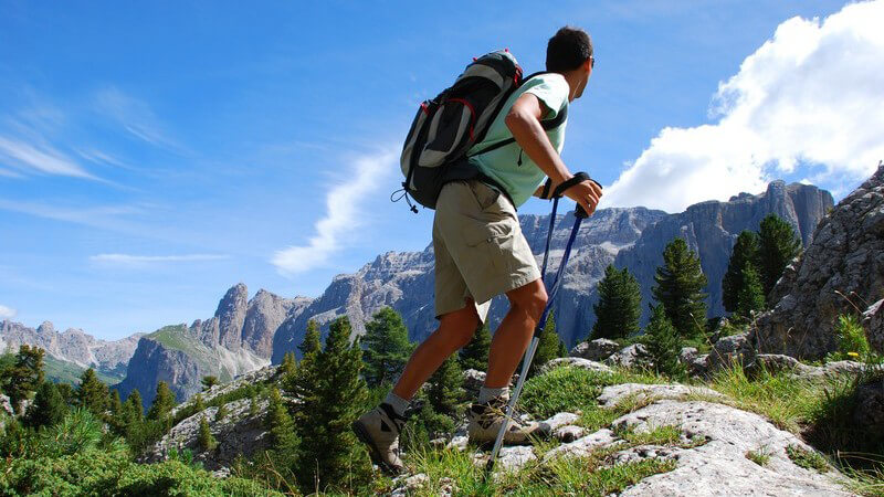 Wanderer mit Rucksack und Wanderstöcken in Berglandschaft