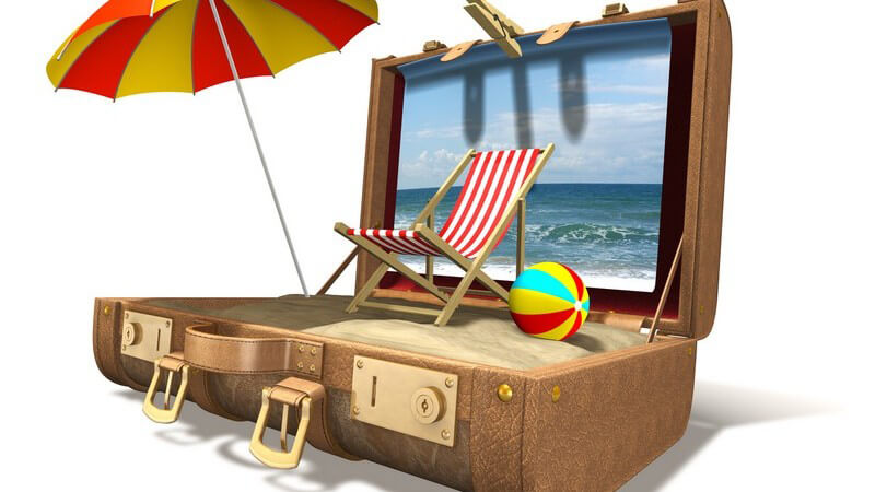 Grafik offener Reisekoffer, darin Strand mit Klappstuhl und Sonnenschirm