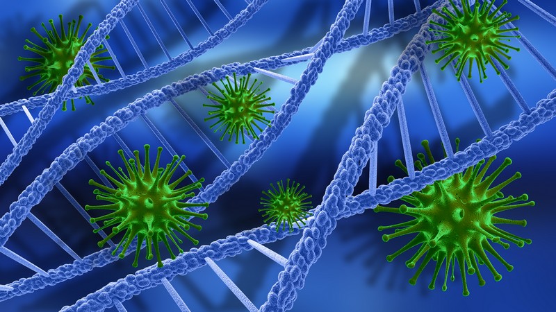 3-D-Grafik mit blauen DNA-Strängen und grünen Viren