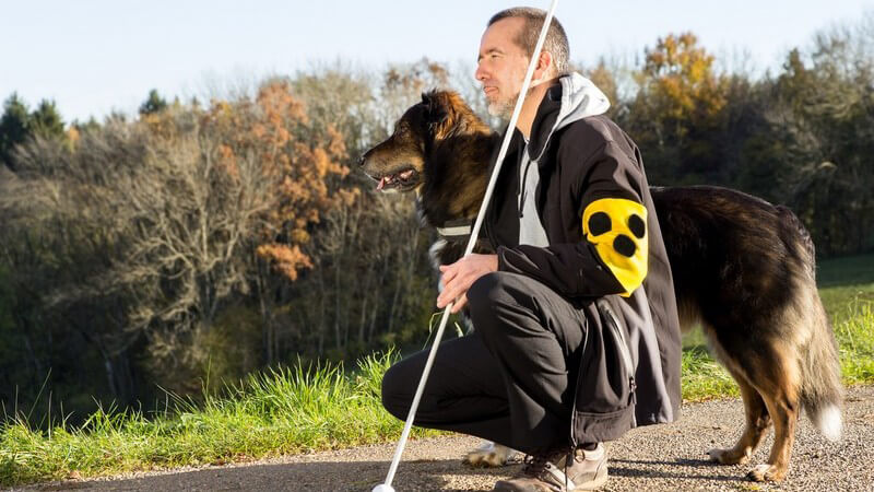 Blinder Mann mit Stock und Binde hockt auf einem Weg neben seinem Hund