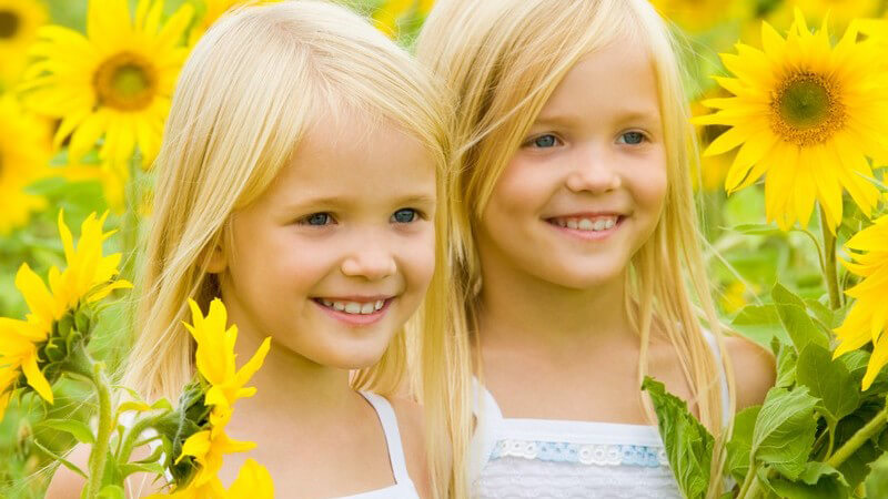 Zwei blonde Mädchen stehen lächelnd in einem Sonnenblumenfeld