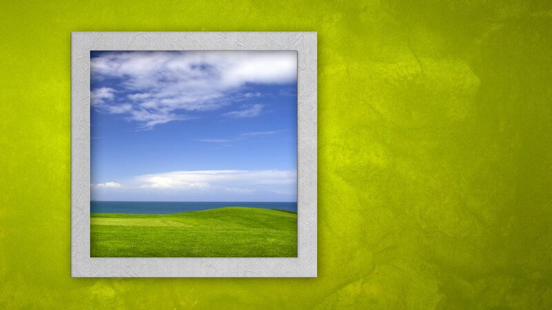 Grafik grüne Wand mit offenem Fenster, draußen grüne Wiese unter blauem Himmel
