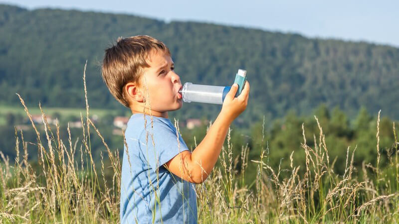 Kleiner Junge in blauem Shirt steht auf einer Wiese im Bergland und inhaliert aus einem Inhalator