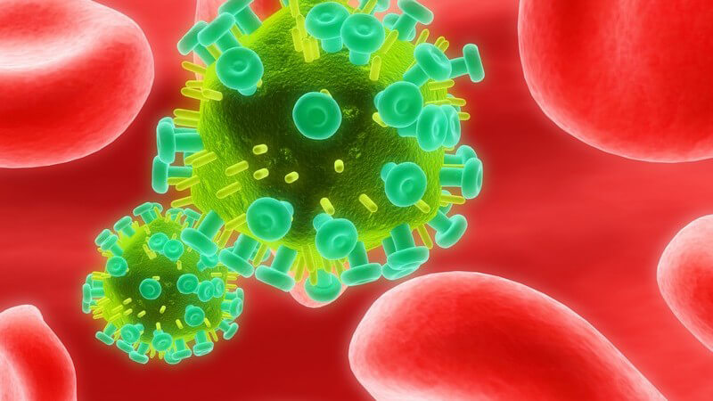 3D Grafik grüner HIV Virus zwischen Blutzellen