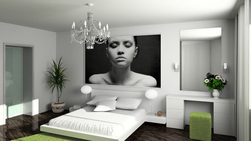 Einsicht modernes Schlafzimmer, weiße Möbel, dunkelbraunes Parkett